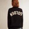 Women’s round-neck sweater in dark blue cotton with logo on the back