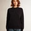 Women’s round-neck sweater in dark blue cotton with logo on the back