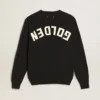 Women’s round-neck sweater in dark blue cotton with logo on the back