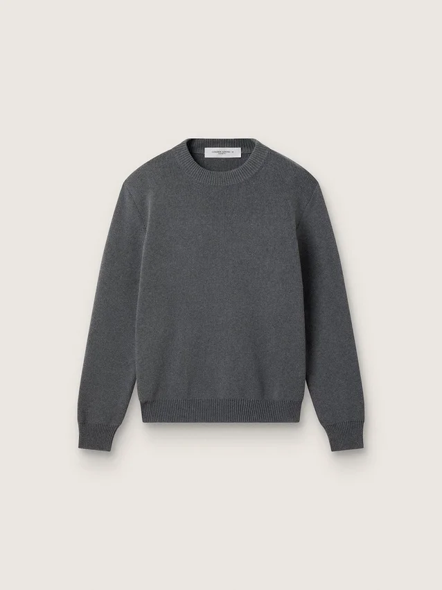 Women's round-neck sweater in dark gray cotton with logo on the back