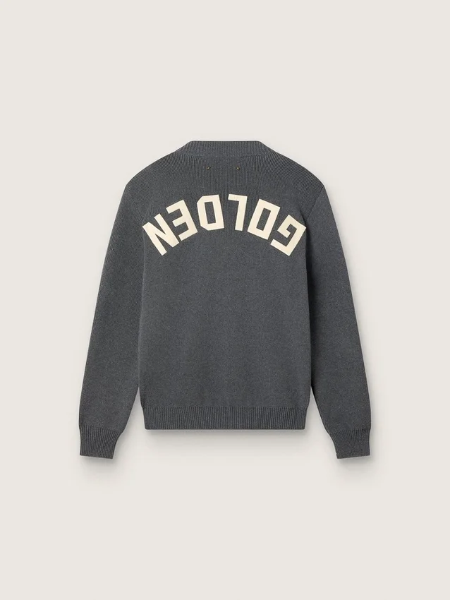 Women's round-neck sweater in dark gray cotton with logo on the back