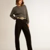 Women's round-neck sweater in dark gray cotton with logo on the back