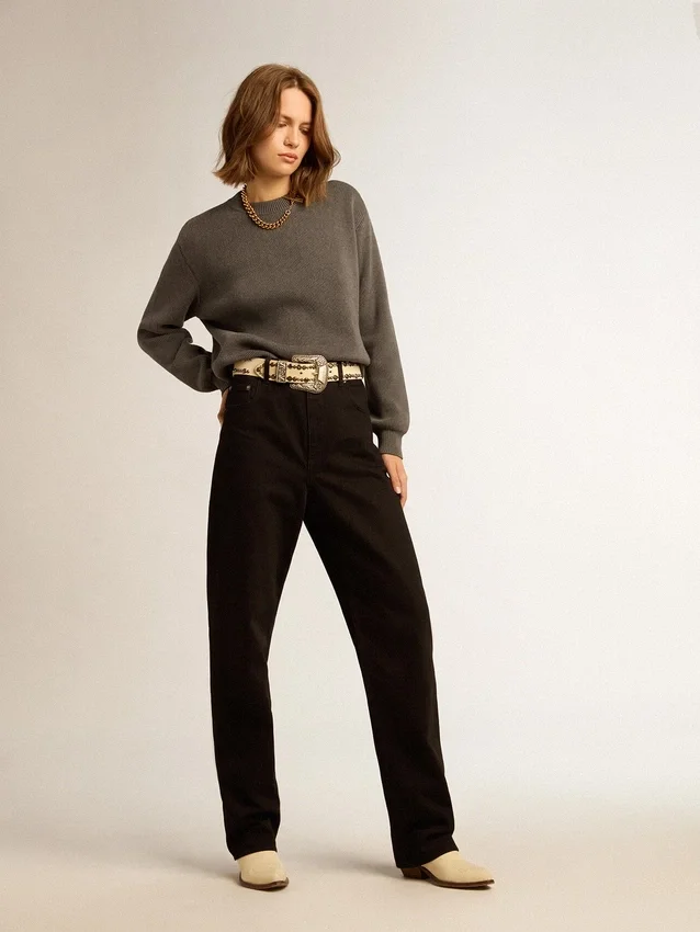 Women's round-neck sweater in dark gray cotton with logo on the back