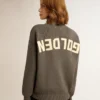 Women's round-neck sweater in dark gray cotton with logo on the back