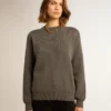 Women's round-neck sweater in dark gray cotton with logo on the back