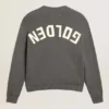 Women's round-neck sweater in dark gray cotton with logo on the back
