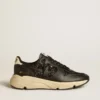 Women's Running Sole in black glitter with leather star and nubuck heel tab