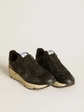 Women’s Running Sole in black glitter with leather star and nubuck heel tab