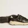 Women's Running Sole in black glitter with leather star and nubuck heel tab