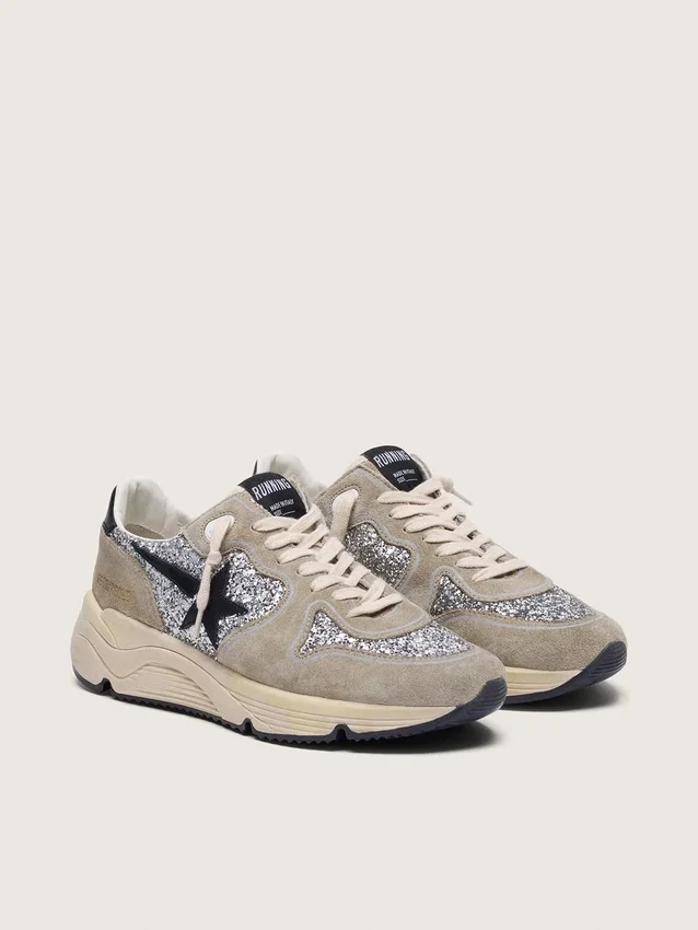 Women's Running Sole in silver glitter and dove gray suede