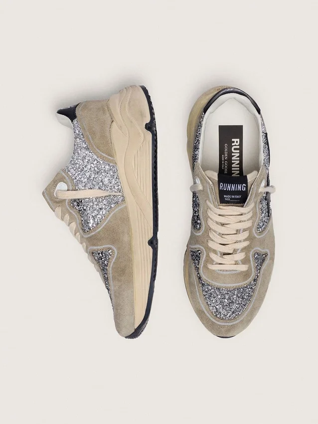 Women's Running Sole in silver glitter and dove gray suede