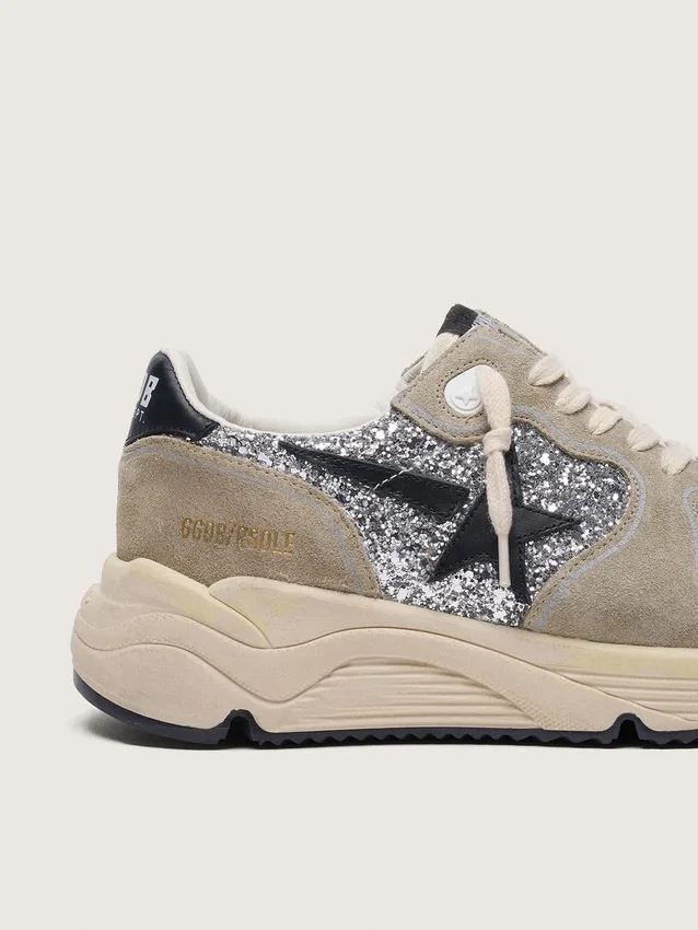 Women's Running Sole in silver glitter and dove gray suede
