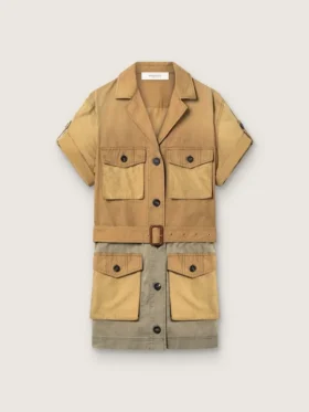 Women's safari dress in beige and military-green cotton with maxi pockets