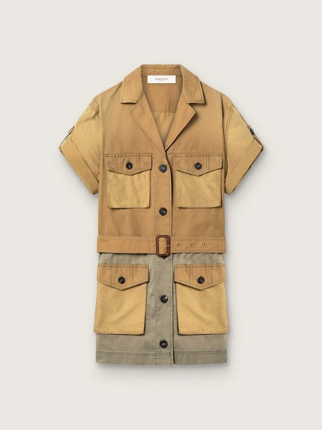 Women's safari dress in beige and military-green cotton with maxi pockets