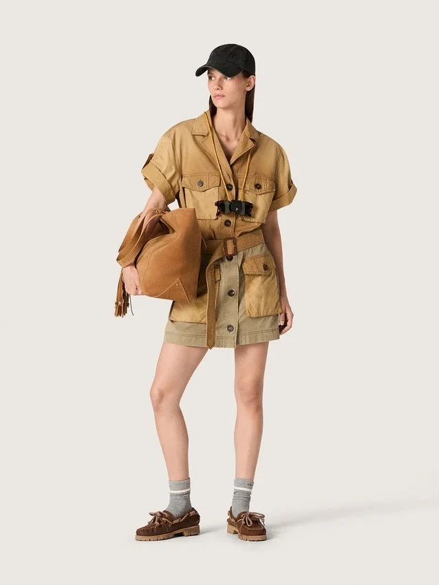 Women's safari dress in beige and military-green cotton with maxi pockets