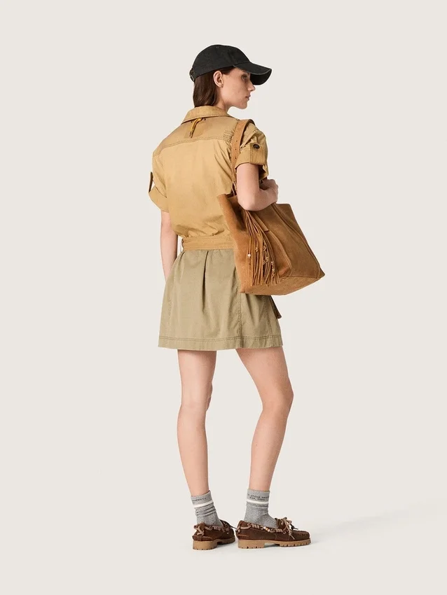 Women's safari dress in beige and military-green cotton with maxi pockets