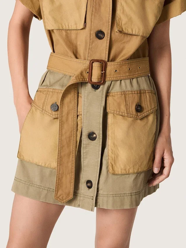 Women's safari dress in beige and military-green cotton with maxi pockets