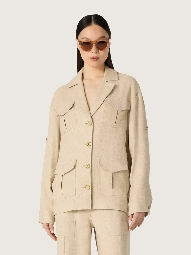 Women’s safari jacket in beige viscose micro-chevron