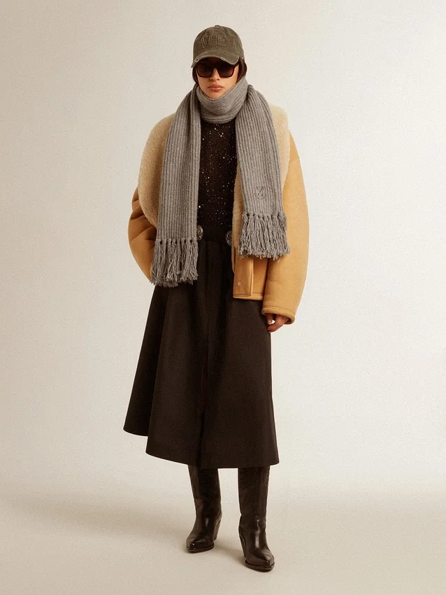 Women's sheepskin jacket with a wide shearling shawl collar