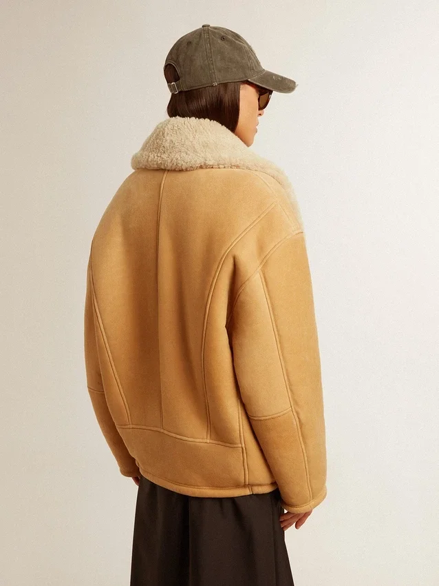 Women's sheepskin jacket with a wide shearling shawl collar