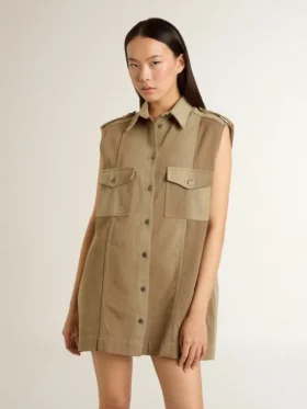 Women’s shirt dress in sand-colored denim with military details