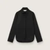 Women's shirt in black wool twill with floral embroidery in glass beads
