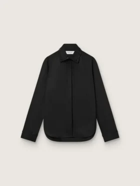 Women's shirt in black wool twill with floral embroidery in glass beads