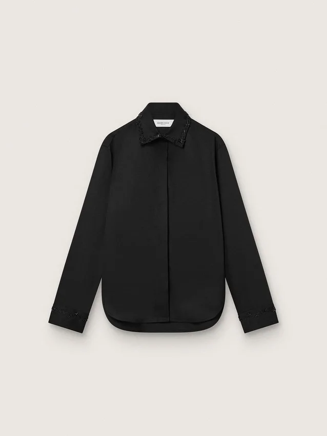 Women's shirt in black wool twill with floral embroidery in glass beads