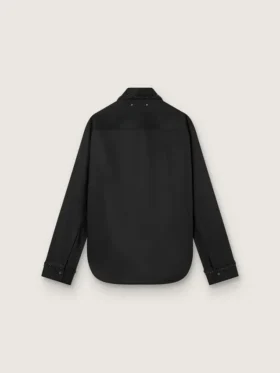 Women’s shirt in black wool twill with floral embroidery in glass beads