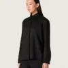 Women's shirt in black wool twill with floral embroidery in glass beads