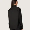 Women's shirt in black wool twill with floral embroidery in glass beads