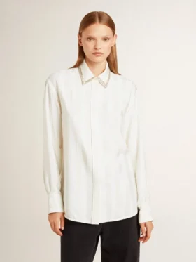 Women’s shirt with a vertical striped pattern and crystal embroidery