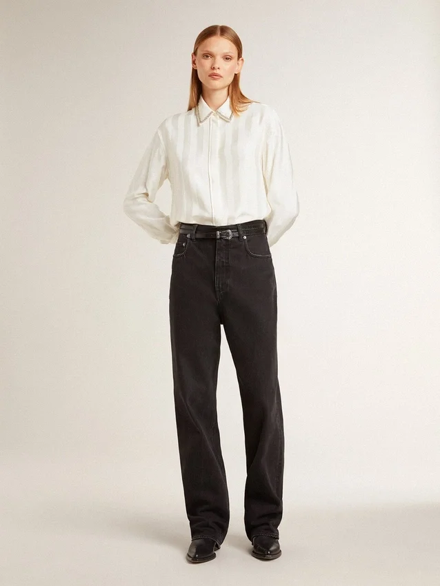 Women's shirt with a vertical striped pattern and crystal embroidery