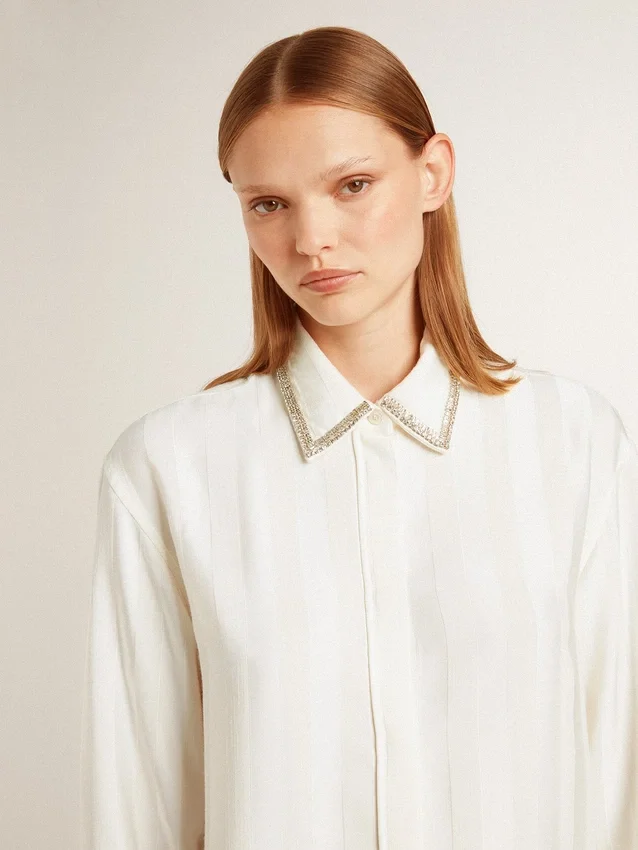 Women's shirt with a vertical striped pattern and crystal embroidery