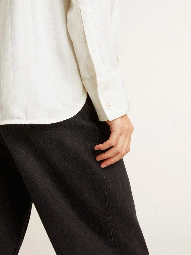 Women's shirt with a vertical striped pattern and crystal embroidery