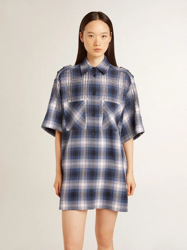Women's short shirt dress with 3D checkerboard pattern and embroidery