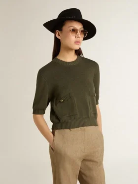 Women’s short-sleeved sweater in military-green cotton