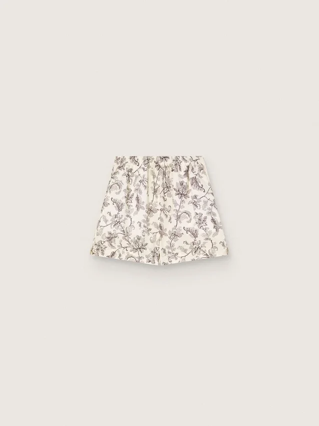 Women's shorts in black and white cotton poplin with floral print