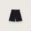 Women's shorts in black wool gabardine with waist belt