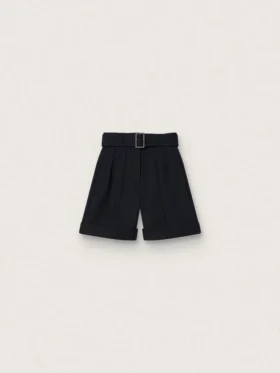 Women's shorts in black wool gabardine with waist belt