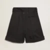 Women's shorts in black wool gabardine with waist belt