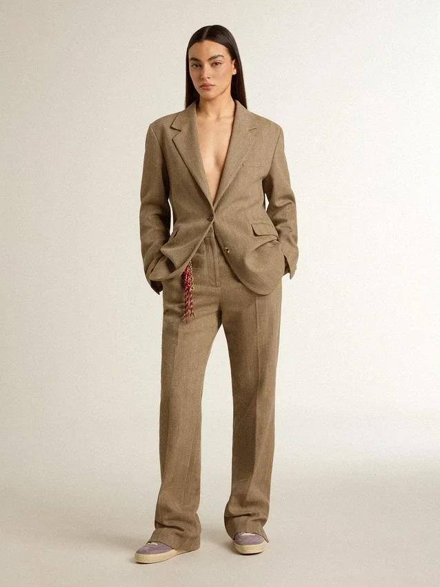 Women's single-breasted blazer in sand-colored herringbone