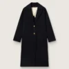 Women's single-breasted cocoon coat in dark blue wool with gold button
