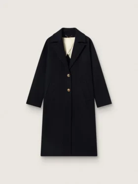 Women's single-breasted cocoon coat in dark blue wool with gold button