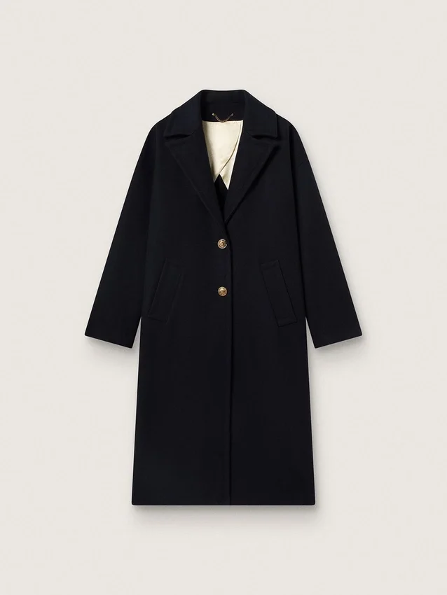Women's single-breasted cocoon coat in dark blue wool with gold button