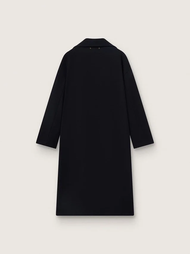 Women's single-breasted cocoon coat in dark blue wool with gold button