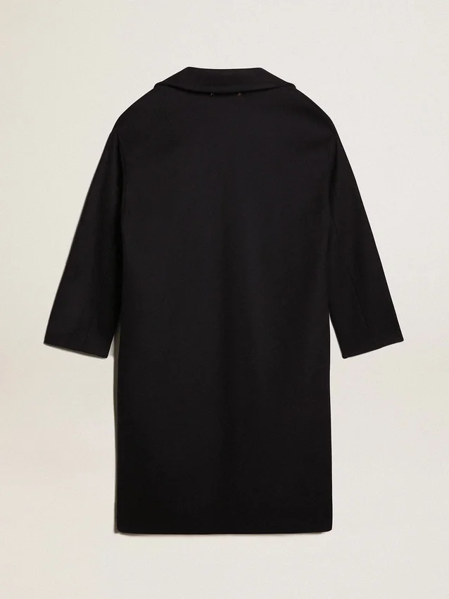 Women's single-breasted cocoon coat in dark blue wool with gold button