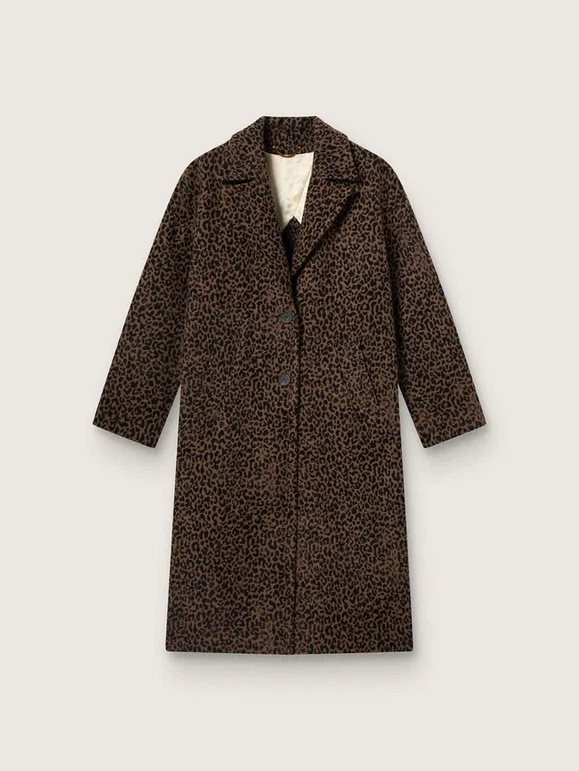 Women's single-breasted cocoon coat in wool with jacquard motif