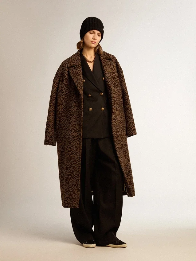 Women's single-breasted cocoon coat in wool with jacquard motif