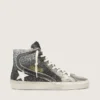 Women's Slide in black and silver glitter with leather star and metallic flash